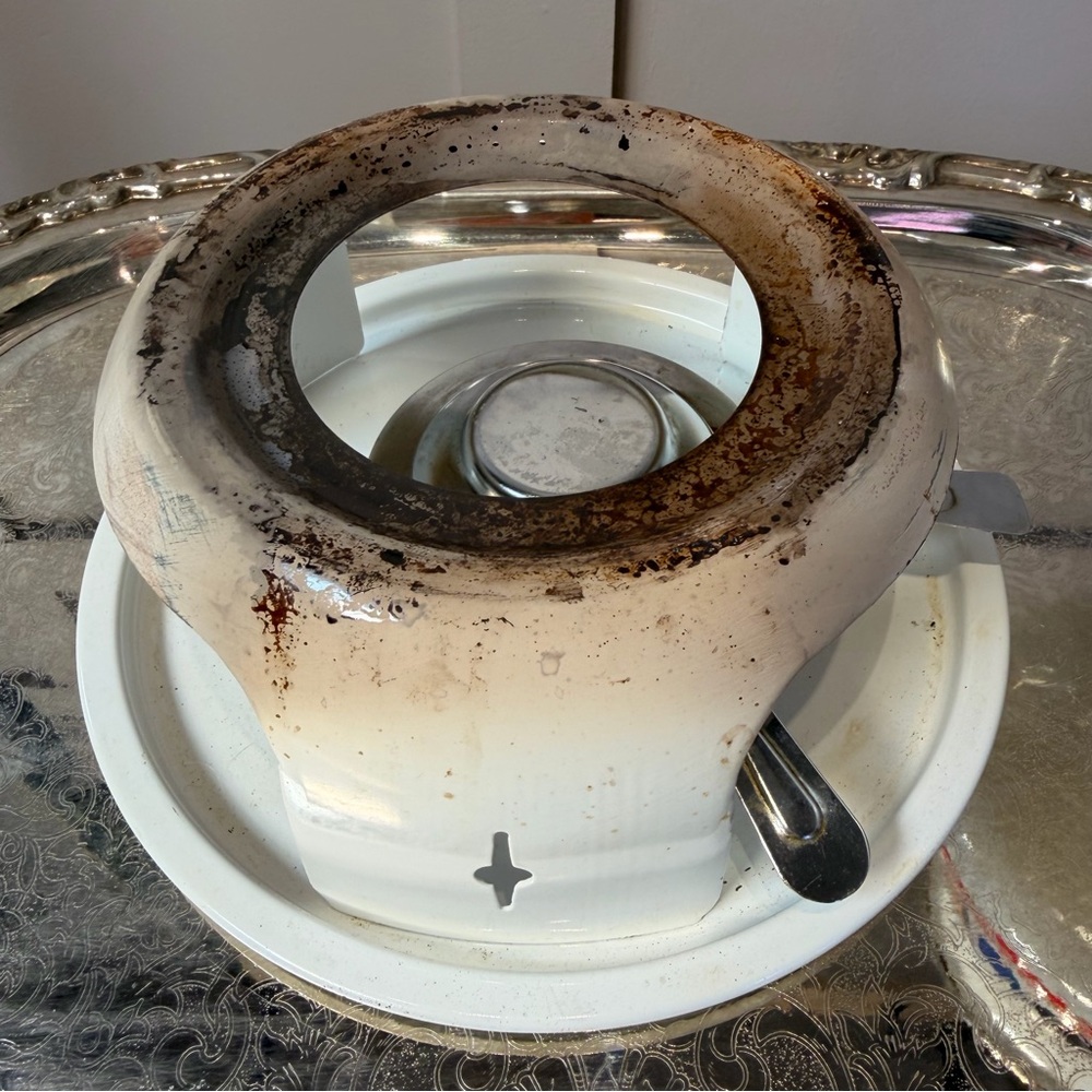 Vtg Mid Century Cream Enameled Fondue Pot Lid Stand Burner Snuffer - Picture 6 of 8